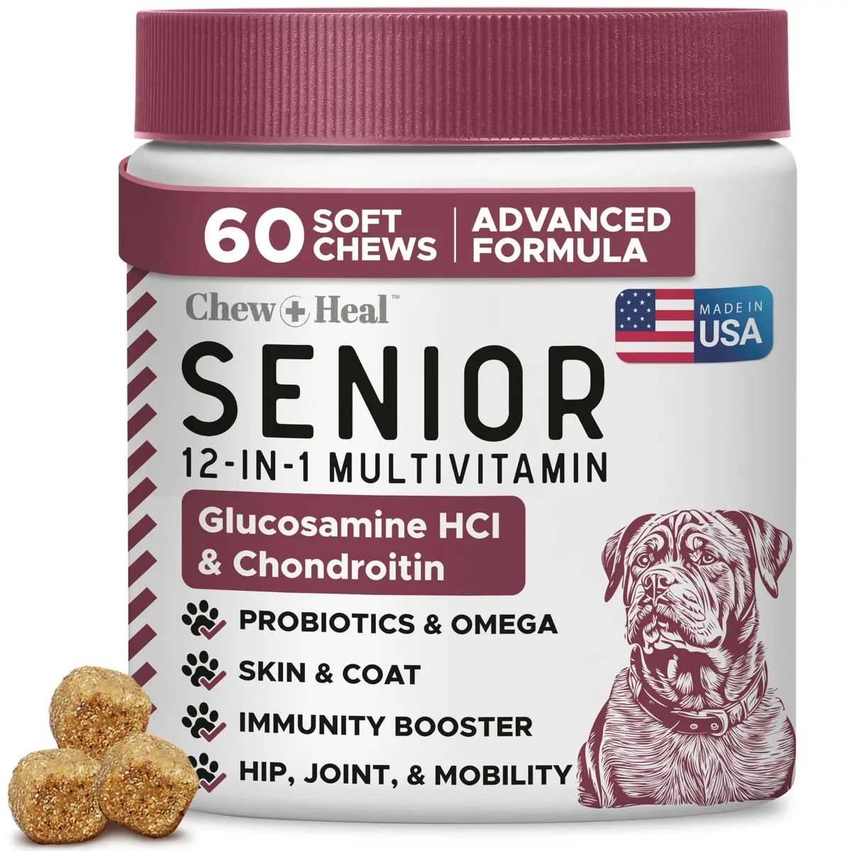 Chew + Heal Labs Senior Dog Vitamins & Supplements 60 Soft Chews | Multivitamin for Aging Dogs - main product image