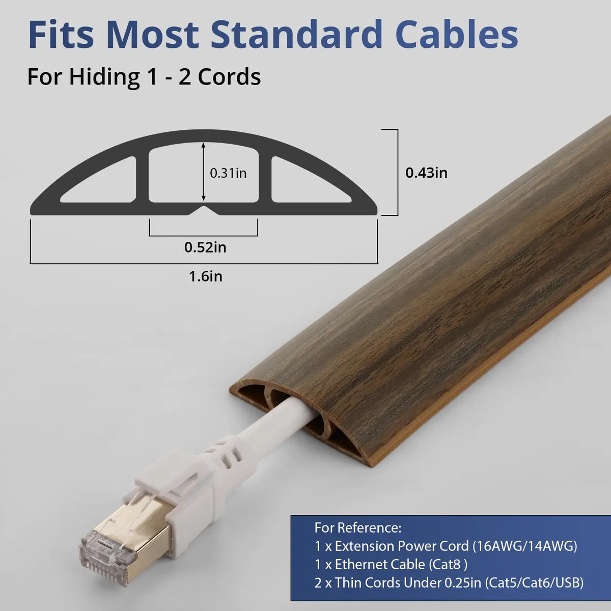 ZhiYo 5.6ft Floor Cord Cover Cable Cavity 1.6" W x 0.43" H Smoked Brown Wood | Conceals 1-2 Cables on Floor - view 2