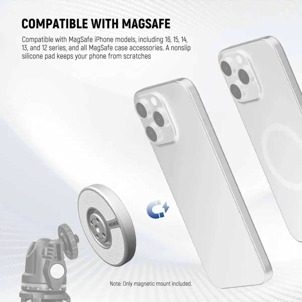 NEEWER Magnetic Phone Tripod Mount Adapter with Adhesive Metal Ring & 1/4" Thread | Silver, 59x7mm (2.3"x0.3") - view 3