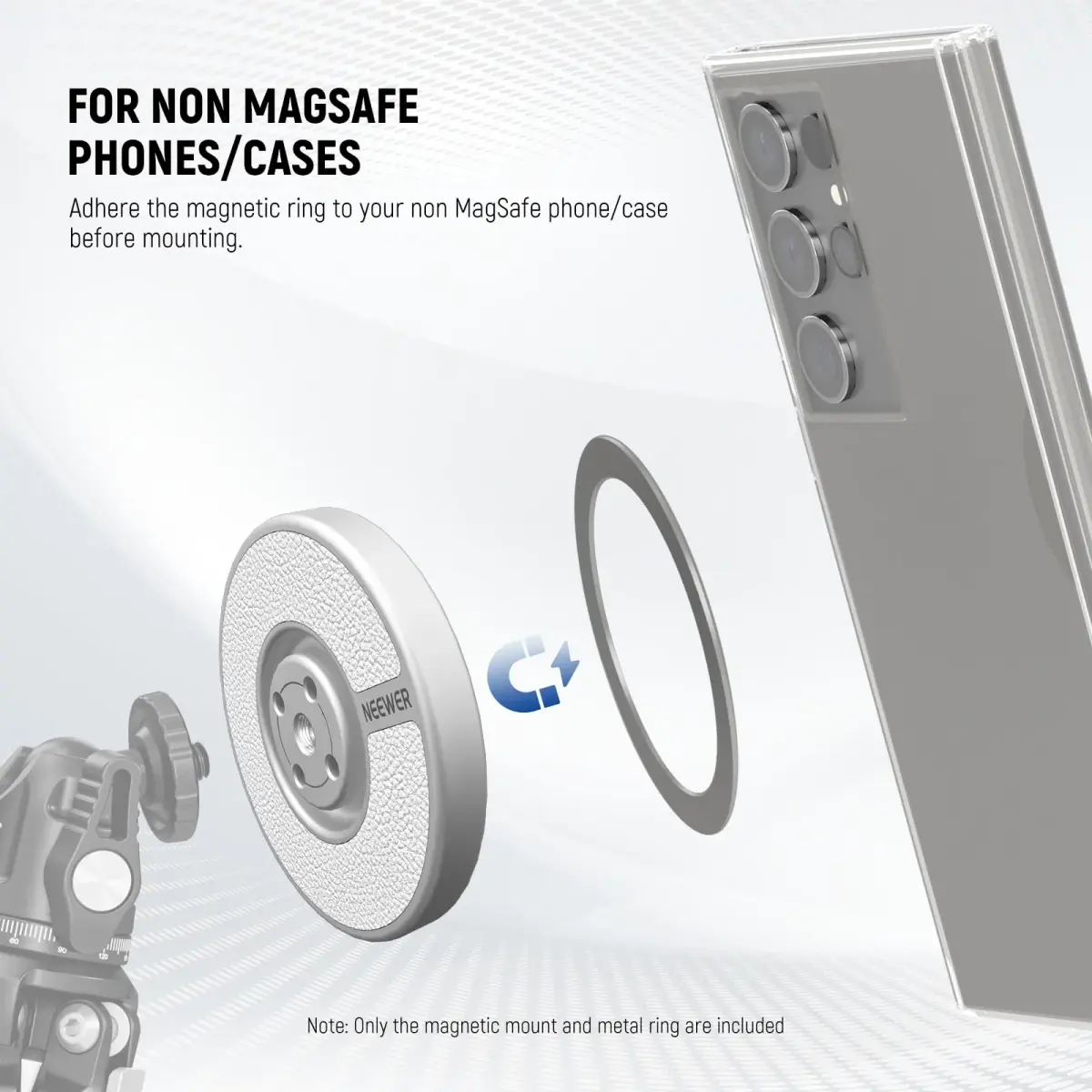 NEEWER Magnetic Phone Tripod Mount Adapter with Adhesive Metal Ring & 1/4" Thread | Silver, 59x7mm (2.3"x0.3") - view 4