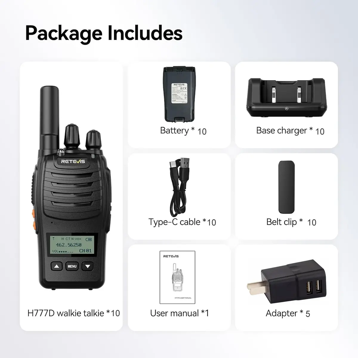 Retevis H777D Walkie Talkies with LCD Screen | Long Range, Rechargeable, 10 Pack - view 10