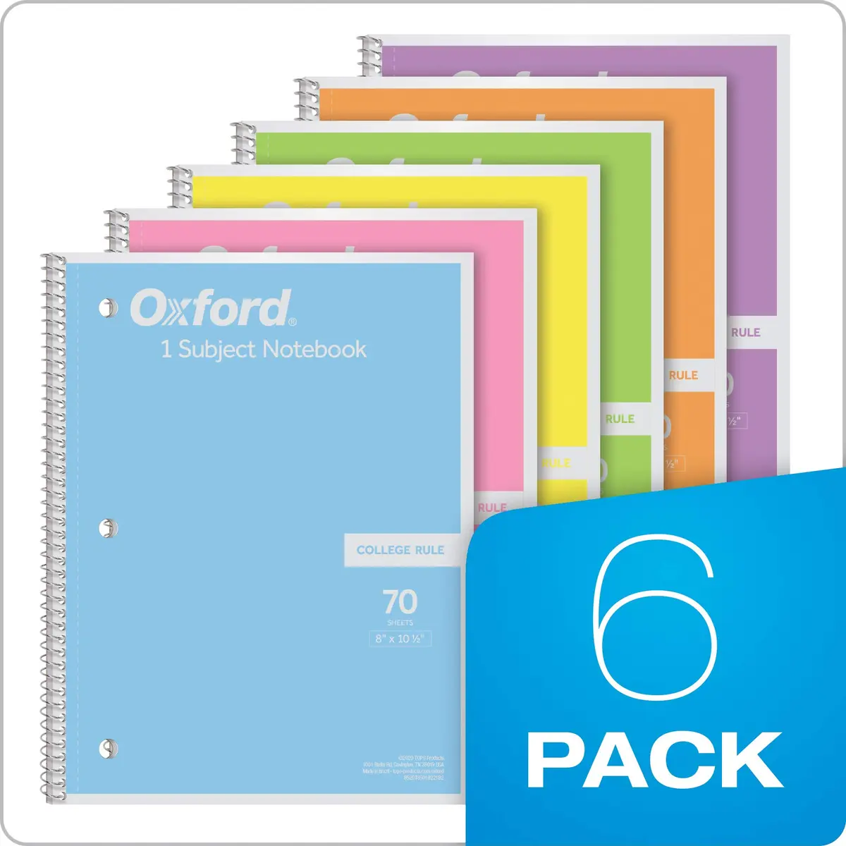 Oxford Spiral Notebook, 1 Subject, College Ruled Paper, 8 x 10-1/2 Inch | Pastel Pink, Orange, Yellow, Green, Blue & Purple, 70 Sheets - view 6