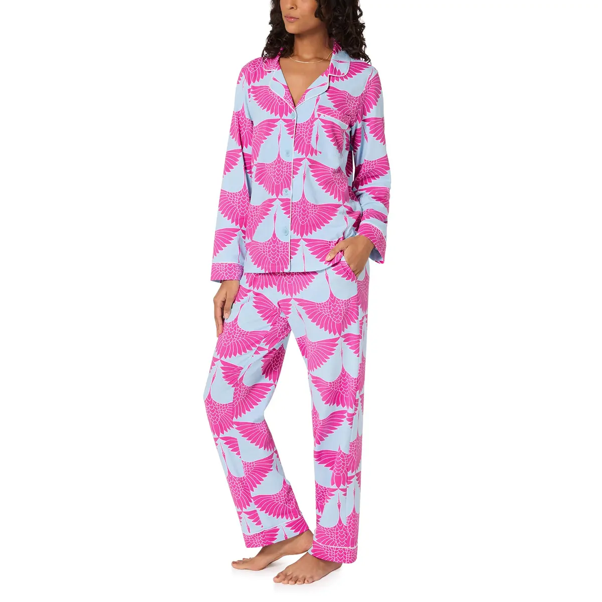 Trina Turk Organic Cotton Pajama Set | Long Sleeve Notch Collar & Pant, Pink Aqua Cranes, X-Large - main product image
