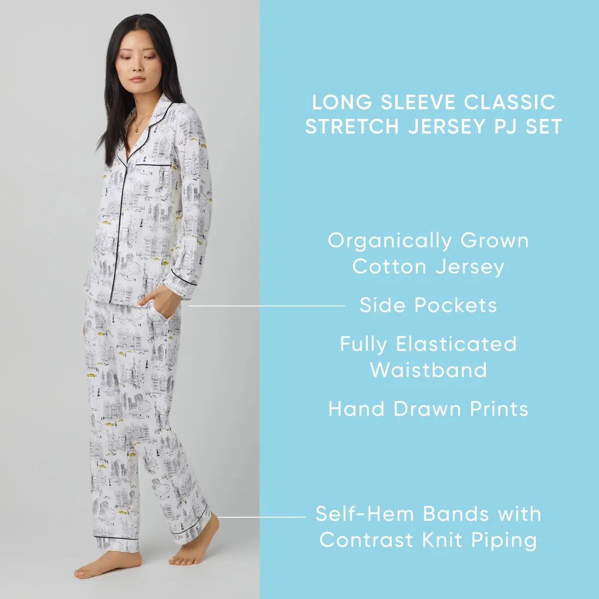 Trina Turk Organic Cotton Pajama Set | Long Sleeve Notch Collar & Pant, Pink Aqua Cranes, X-Small - view 3