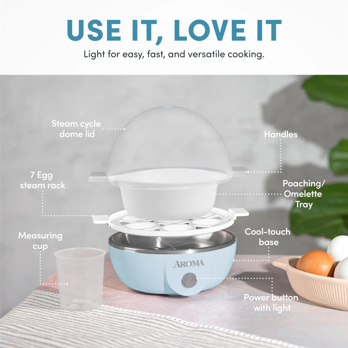 AROMA Overly Easy Egg Cooker, Steamer & Poacher | XL Capacity Fits 7 Eggs, Blue - view 4
