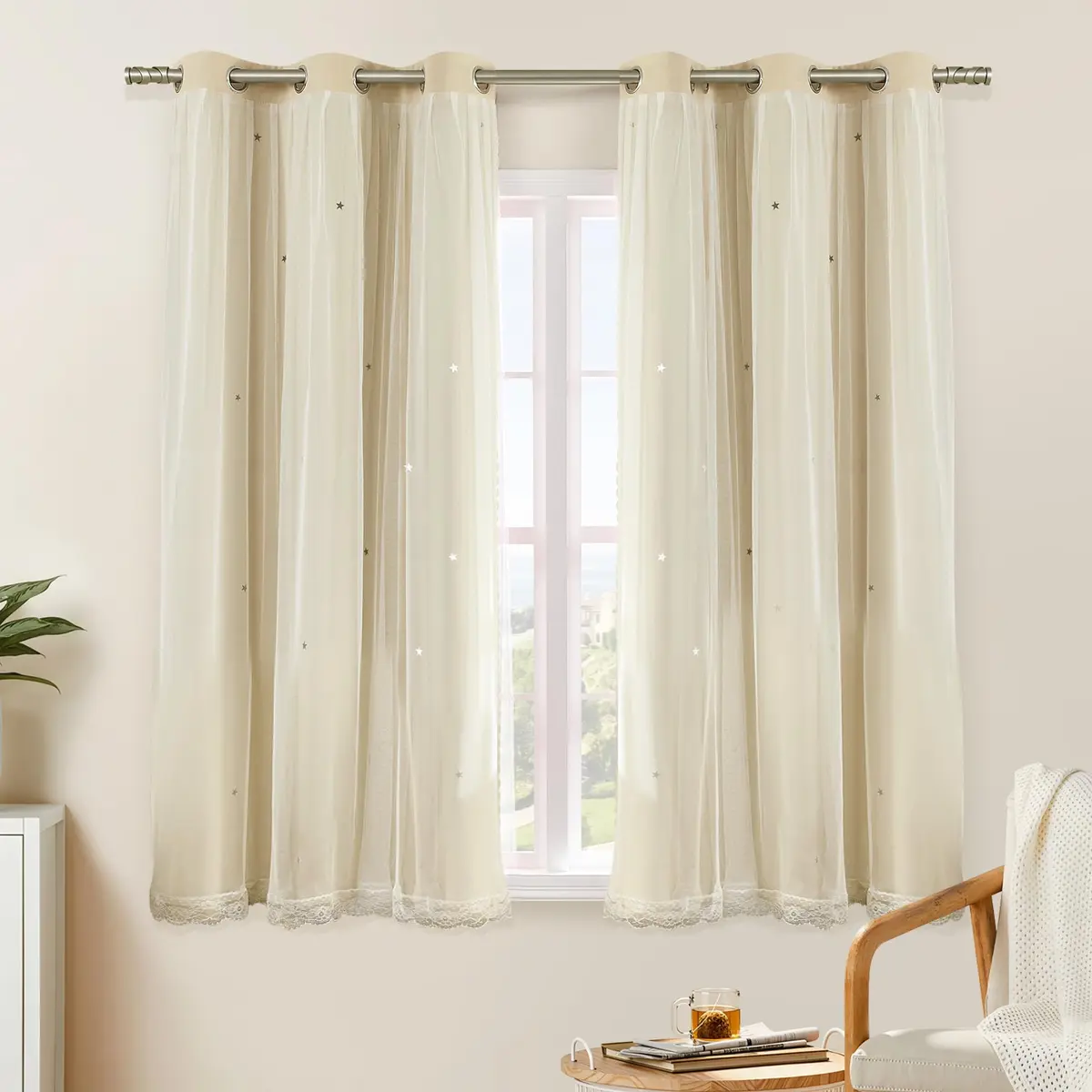 XiDi Beige Curtains for Bedroom Girls, Kids Room, 34 x54 inch 1 Panel | Dreamlike Star Cutout Design with 80% Blackout - main product image