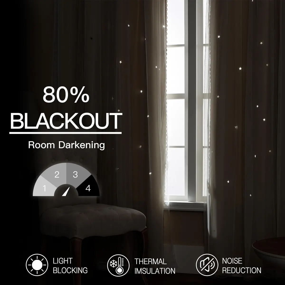 XiDi Beige Curtains for Bedroom Girls, Kids Room, 34 x54 inch 1 Panel | Dreamlike Star Cutout Design with 80% Blackout - view 6