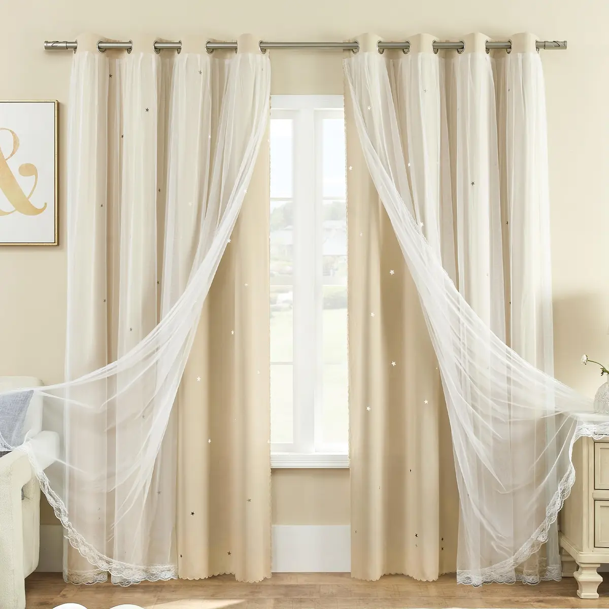 XiDi Beige Curtains for Bedroom Girls, Kids Room, 34 x54 inch 1 Panel | Dreamlike Star Cutout Design with 80% Blackout - view 7