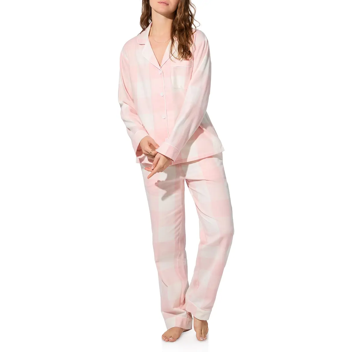 Bed Head PJs Women's Organic Cotton Flannel Twill Classic Long Sleeve Button & Pant Pajama Set, Pink Plaid, X-Small | Breathable & Eco-Friendly - main product image