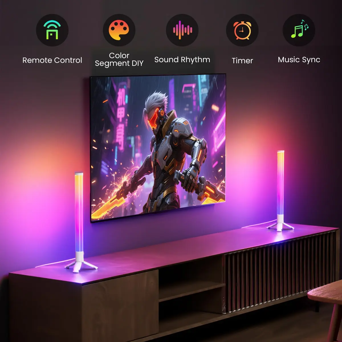 TJOY 360° RGB Light Bars Gaming Desk Ambient Lighting | Music Sync, Remote Control, White Plastic - view 5