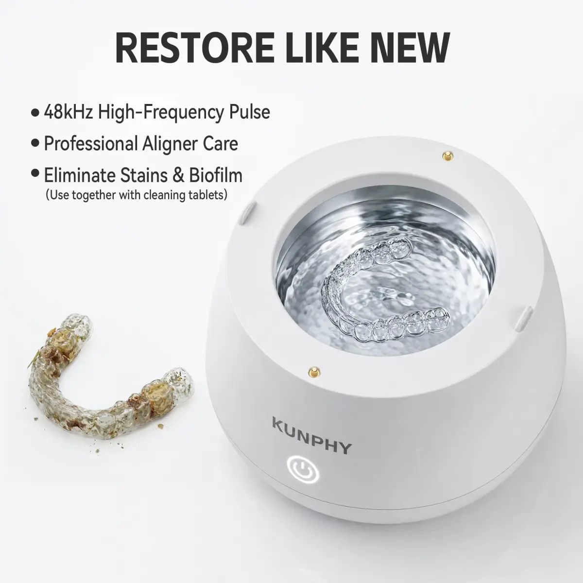 KUNPHY Ultrasonic Retainer Cleaner Machine 200ml (6.76 Fl Oz) | 48kHz Deep Cleaning Pod for Braces, Jewelry, Dentures - view 3