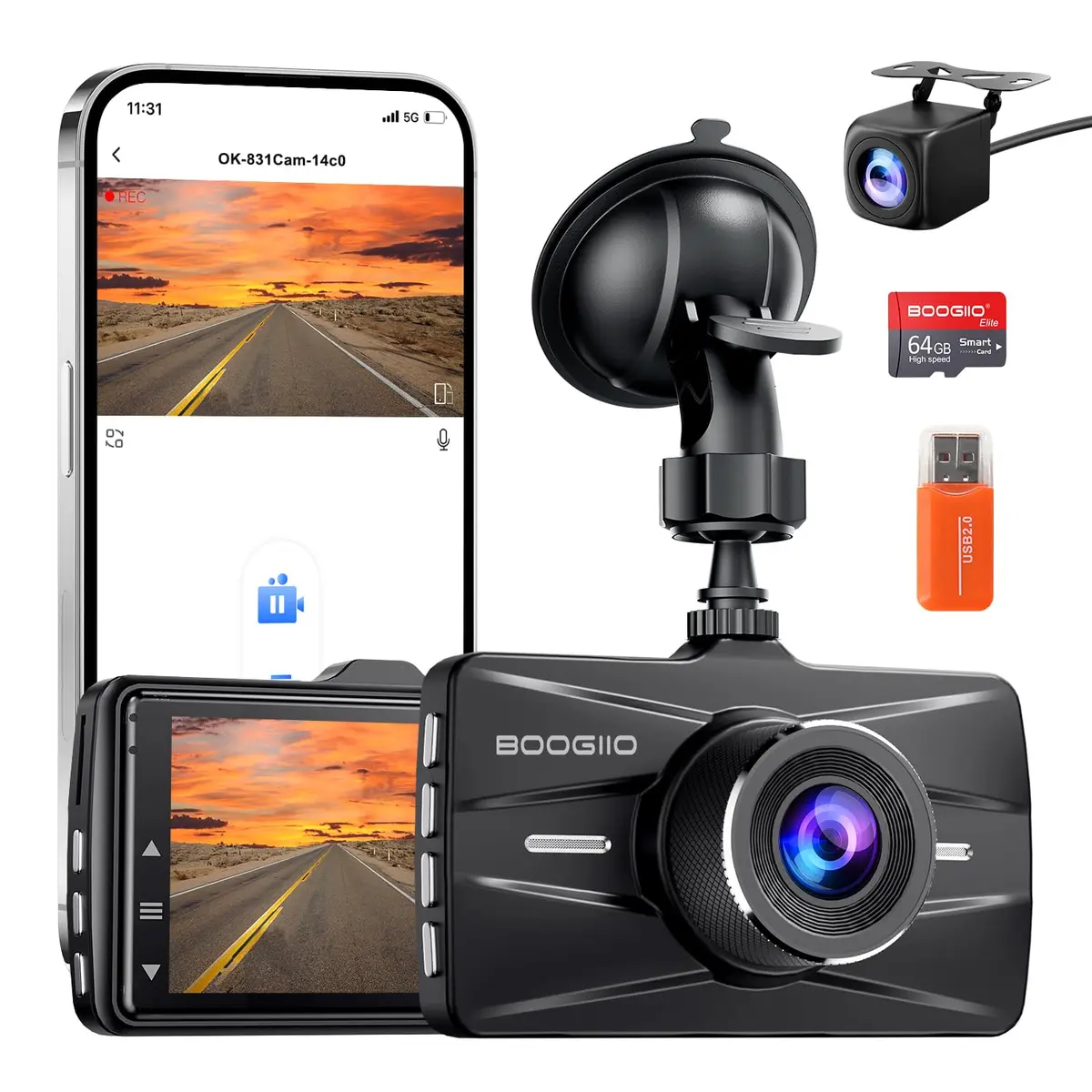 BOOGIIO 4K Dual Dash Cam with 64GB SD Card | 170° Wide Angle, Night Vision, WiFi, G-Sensor, 3" IPS Screen - main product image