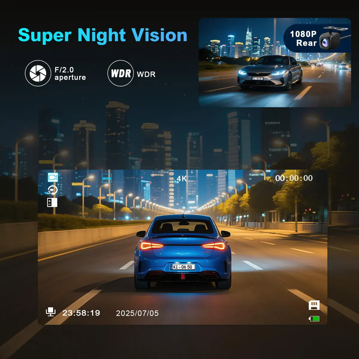 BOOGIIO 4K Dual Dash Cam with 64GB SD Card | 170° Wide Angle, Night Vision, WiFi, G-Sensor, 3" IPS Screen - view 4