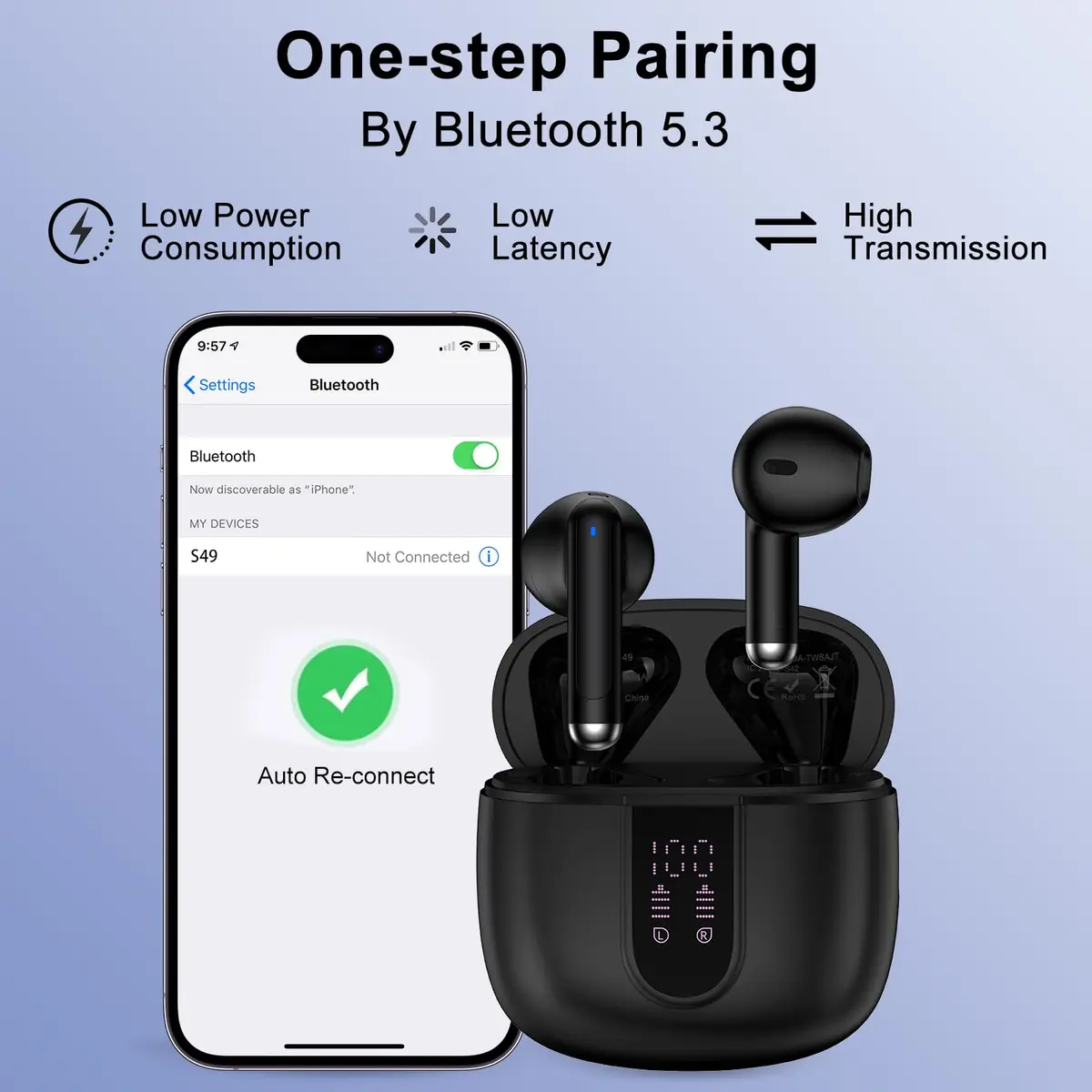 iHoto S49 Wireless Earbuds Bluetooth Headphones 30mAh (0.03Ah) | ENC Noise Cancelling, IP7 Waterproof, 40H Playtime - view 5