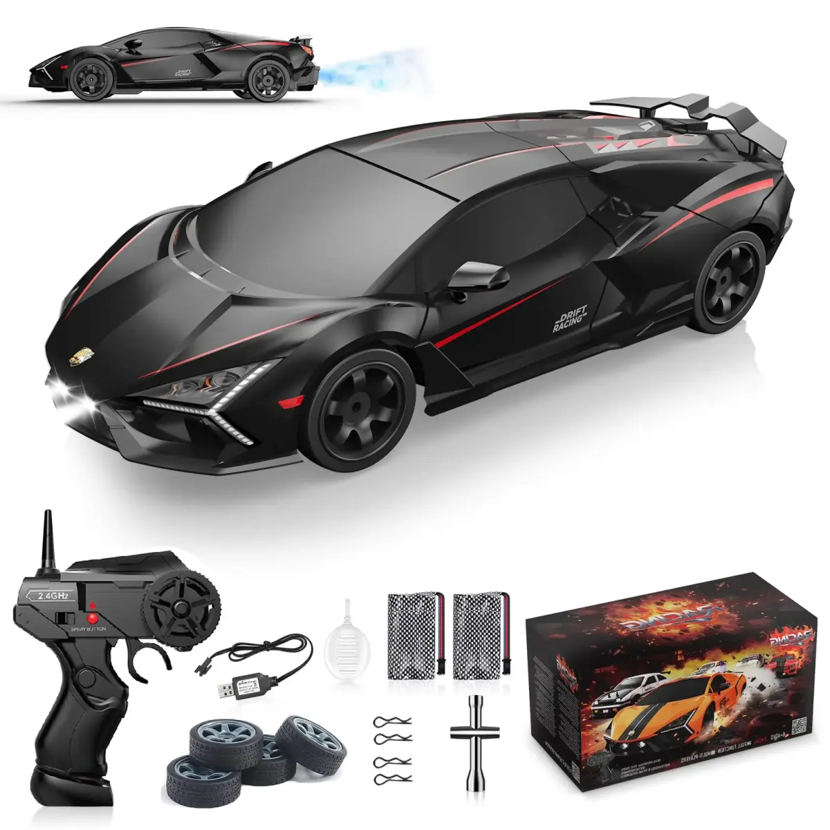 Desdoni Black-2 RC Drift Car 1:16 Scale 4WD High-Speed Remote Control Toy with LED Lights & Spray - main product image