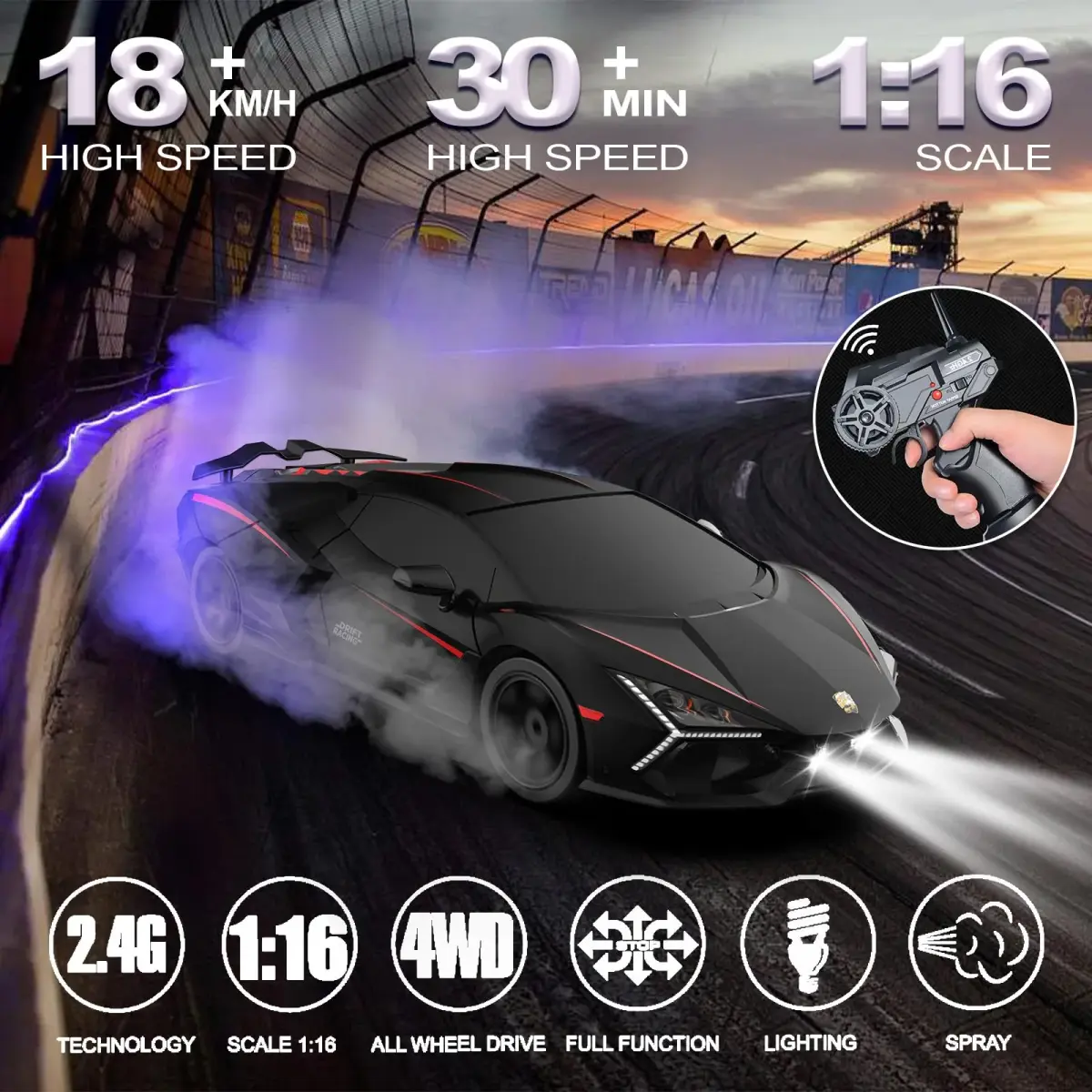 Desdoni Black-2 RC Drift Car 1:16 Scale 4WD High-Speed Remote Control Toy with LED Lights & Spray - view 2