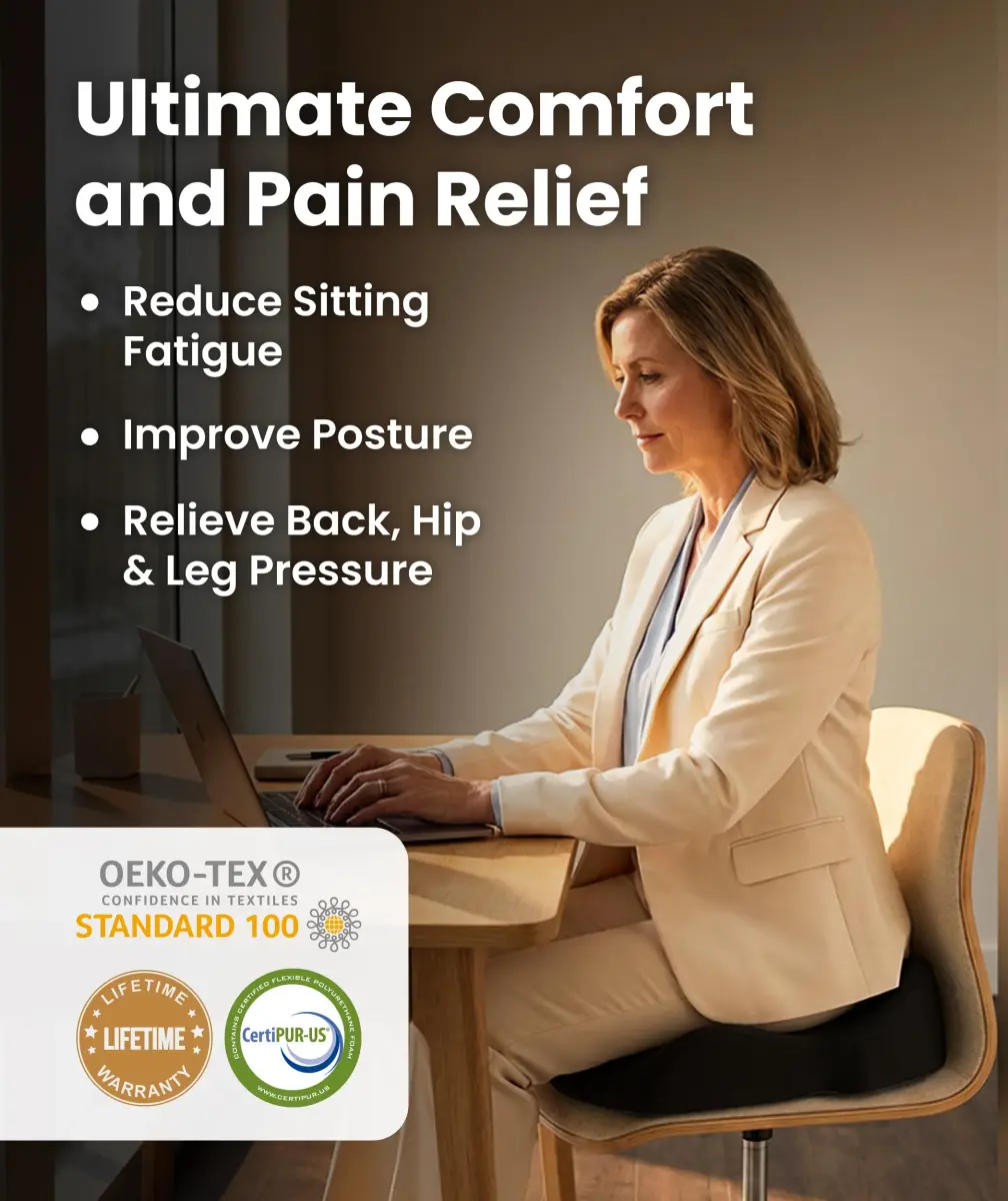 Everlasting Comfort Doctor Recommended Memory Foam Seat Cushion for Office Chairs & Car - Ergonomic Office Desk Accessories - Cushions for Tailbone Pain Relief, Sciatica (Large, Dark Gray) - view 2