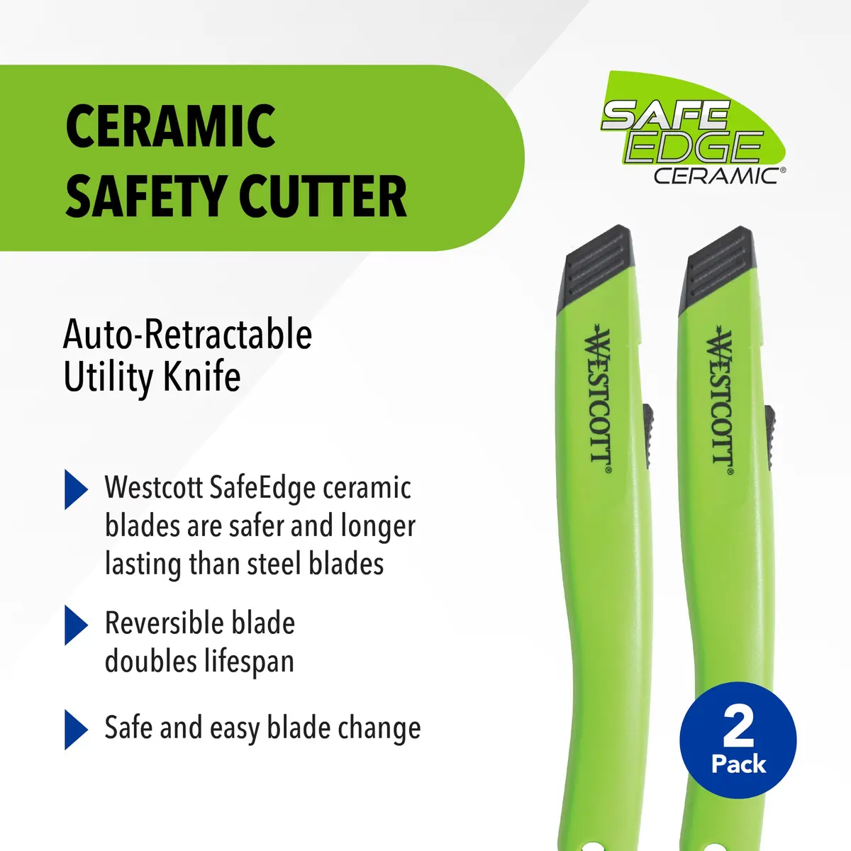Westcott Box Cutter Safety Ceramic Utility Knife 2-Pack | Safe, Retractable, Durable - view 2