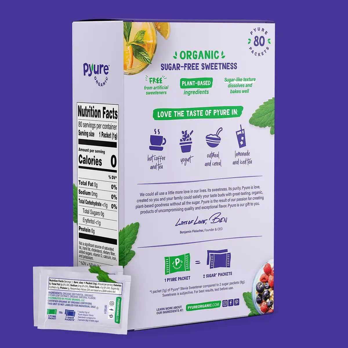 Pyure Organic Stevia Packets | Zero Carb, Zero Sugar, Plant-Based Sweetener | 80 Count - view 7