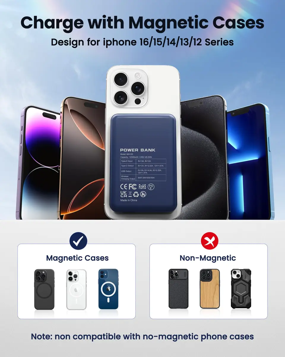 COOAV Power Bank 12000mAh Magnetic Portable Charger | MagSafe Compatible, Fast Wireless & USB-C Power - view 6