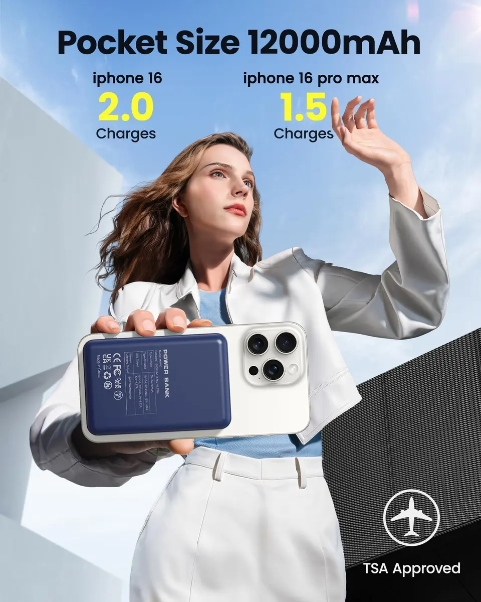 COOAV Power Bank 12000mAh Magnetic Portable Charger | MagSafe Compatible, Fast Wireless & USB-C Power - view 3
