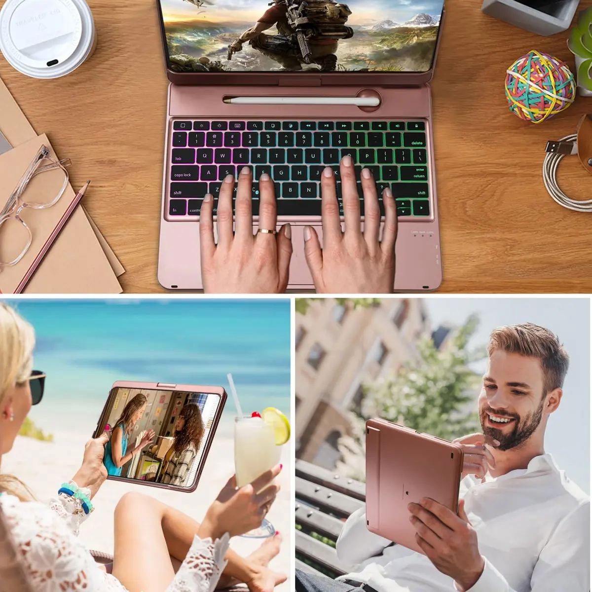 LENRICH Keyboard Case for iPad Pro 12.9 inch 6th/5th/4th/3rd Gen | 360° Rotating Stand, Wireless Keyboard, Rose Gold - view 3