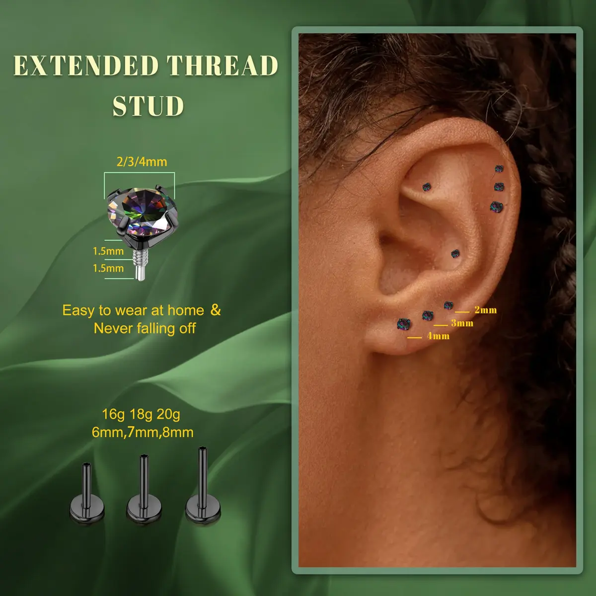 GEMQUEEN G23 Titanium Flat Back Earrings 16G | Hypoallergenic, Versatile for Men & Women - view 6