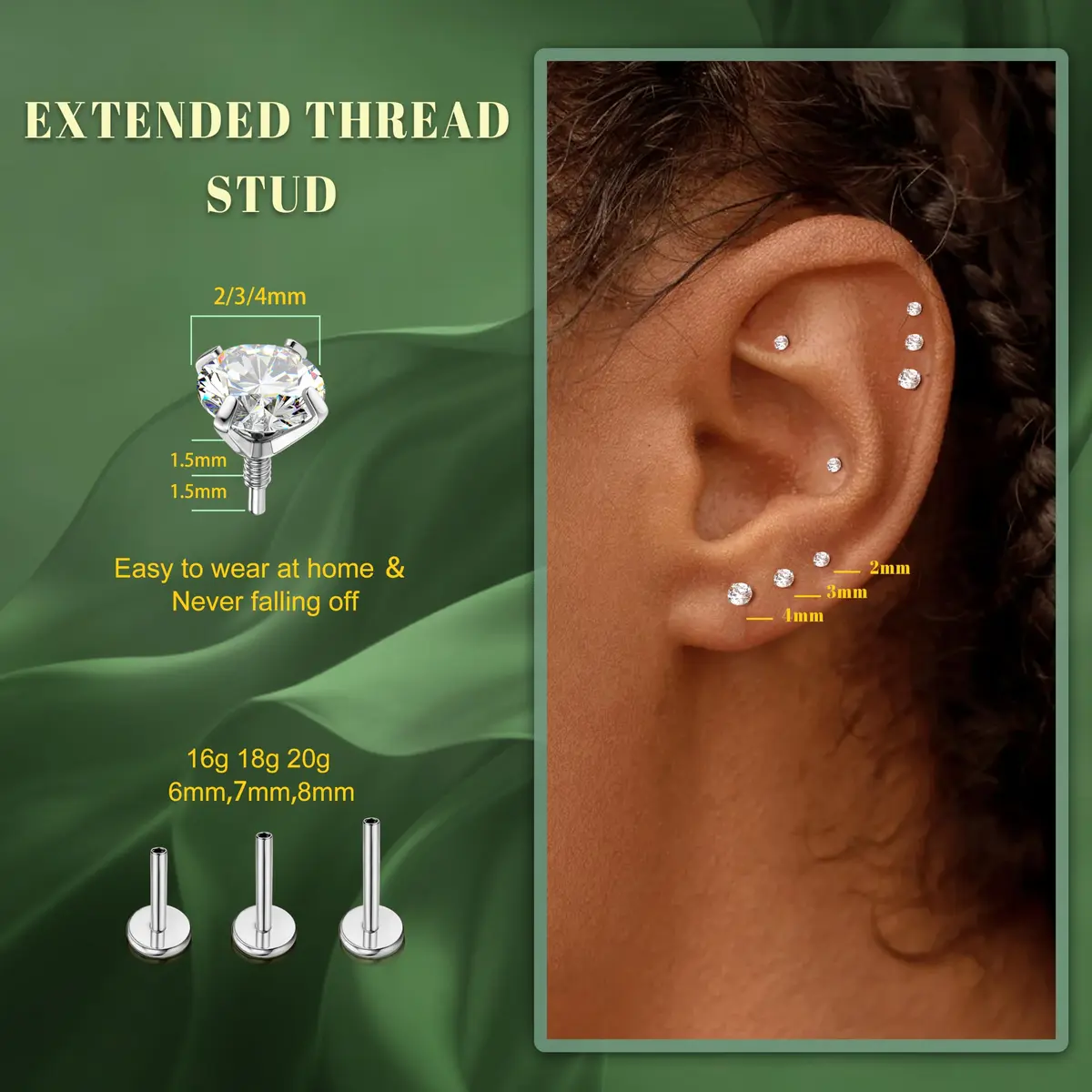 GEMQUEEN G23 Titanium Flat Back Earrings 18G (1.0mm) Rainbow CZ Studs | Hypoallergenic & Internally Threaded for Multiple Piercings - view 6