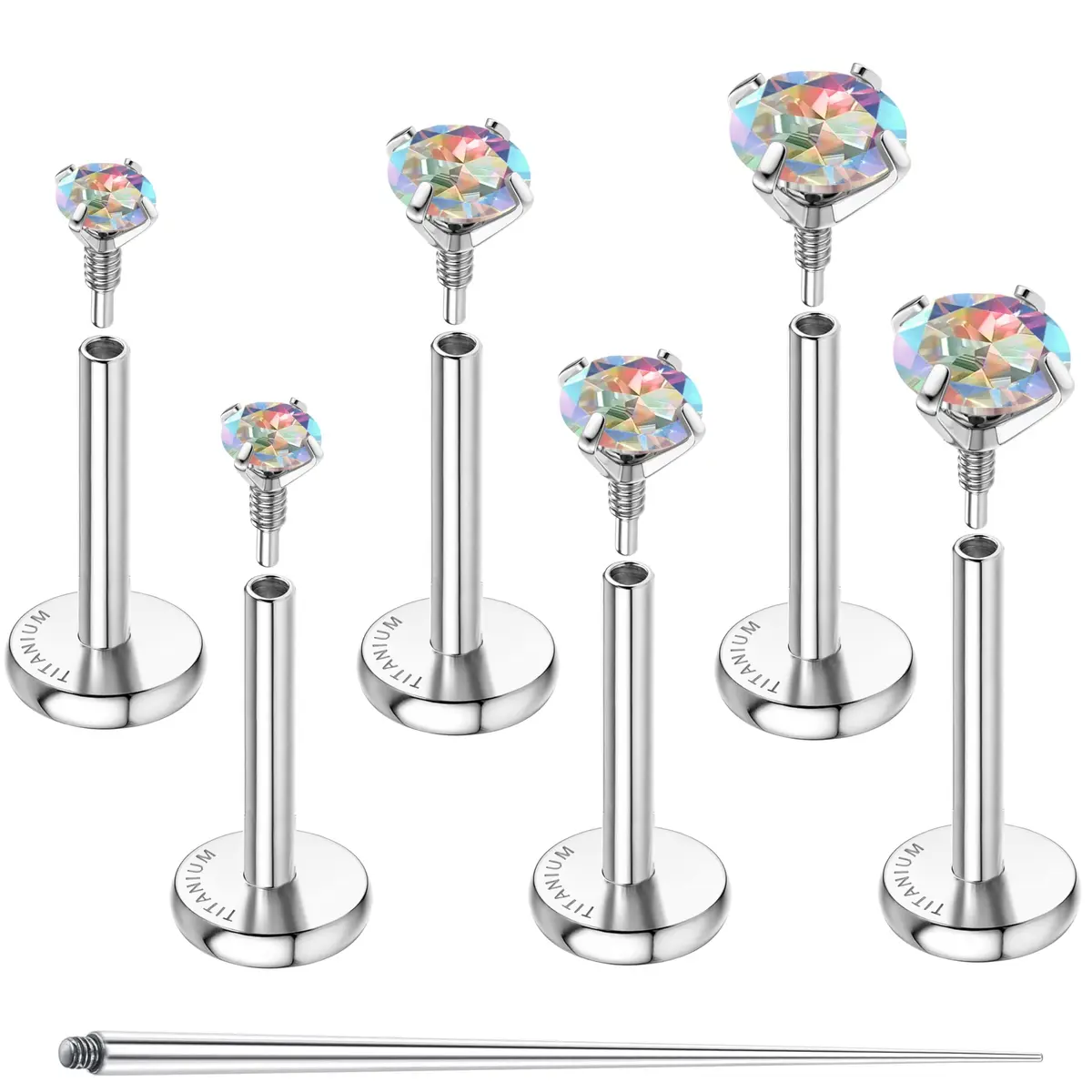 GEMQUEEN G23 Titanium Flat Back Earrings 18G (1.0mm) Rainbow CZ Studs | Hypoallergenic & Internally Threaded for Multiple Piercings - main product image