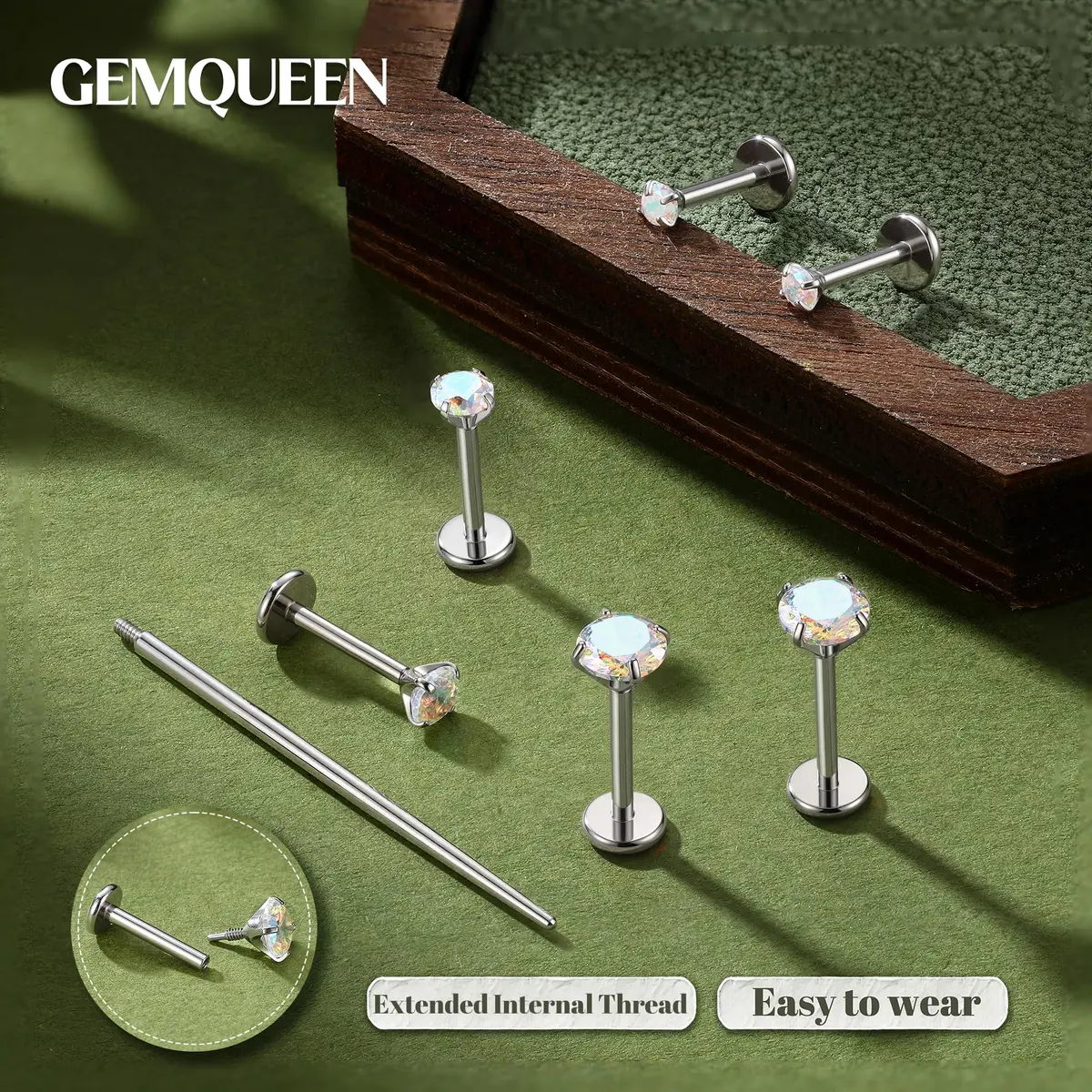 GEMQUEEN G23 Titanium Flat Back Earrings 18G (1.0mm) Rainbow CZ Studs | Hypoallergenic & Internally Threaded for Multiple Piercings - view 2