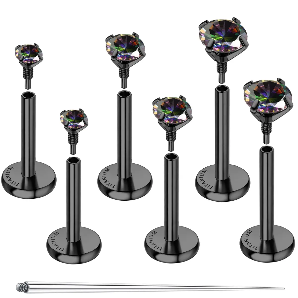 GEMQUEEN Black 18G G23 Titanium Flat Back Earrings Set | Hypoallergenic Internally Threaded Studs for Multiple Piercings - main product image
