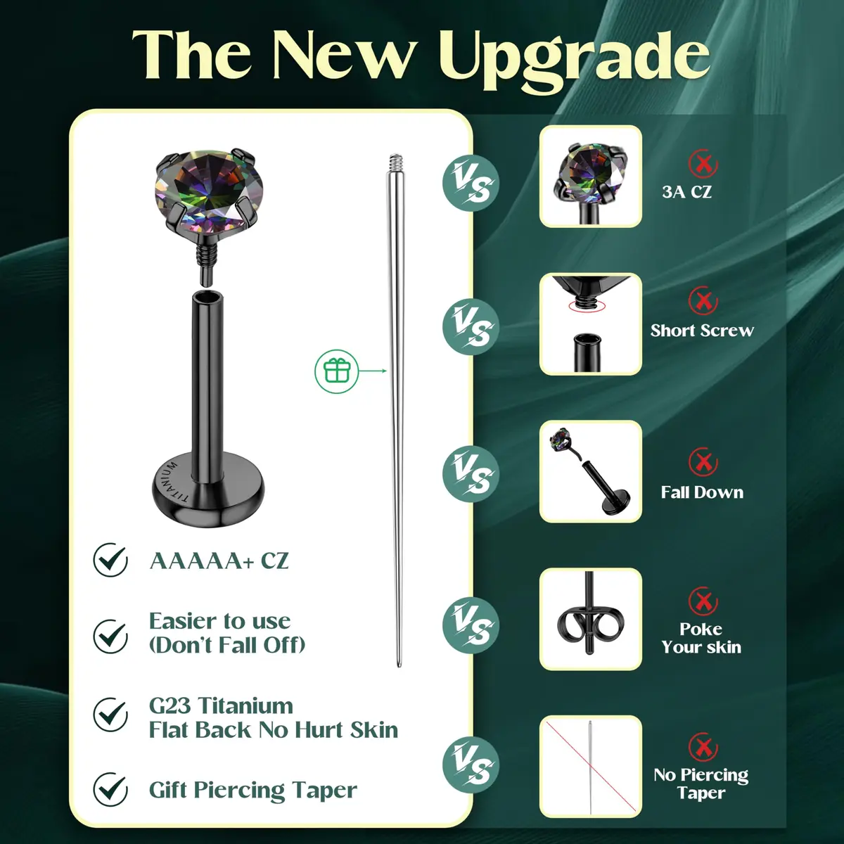 GEMQUEEN Black 18G G23 Titanium Flat Back Earrings Set | Hypoallergenic Internally Threaded Studs for Multiple Piercings - view 7