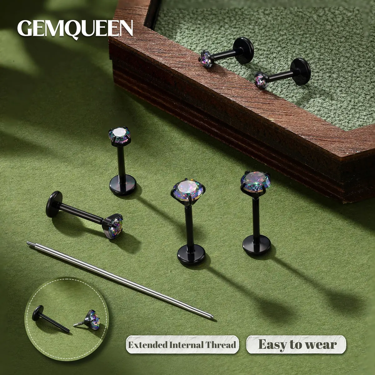 GEMQUEEN Black 18G G23 Titanium Flat Back Earrings Set | Hypoallergenic Internally Threaded Studs for Multiple Piercings - view 2