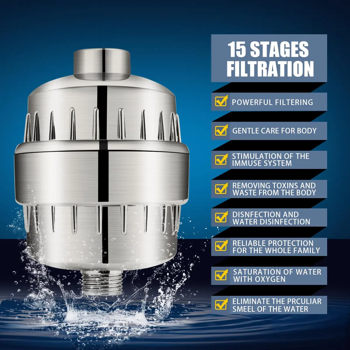 FEELSO Fixed Shower Head with 15-Stage Filter, Nickel Brushed 1.8 GPM | Removes Chlorine & Heavy Metals - view 2
