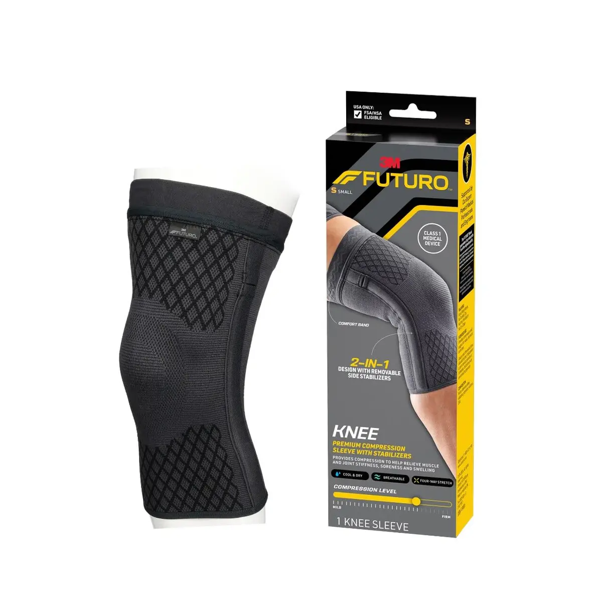 FUTURO Premium Compression Knee Sleeve with Stabilizers, Small 9.5cm (3.7in) | FDA Approved Medical Grade Support - main product image