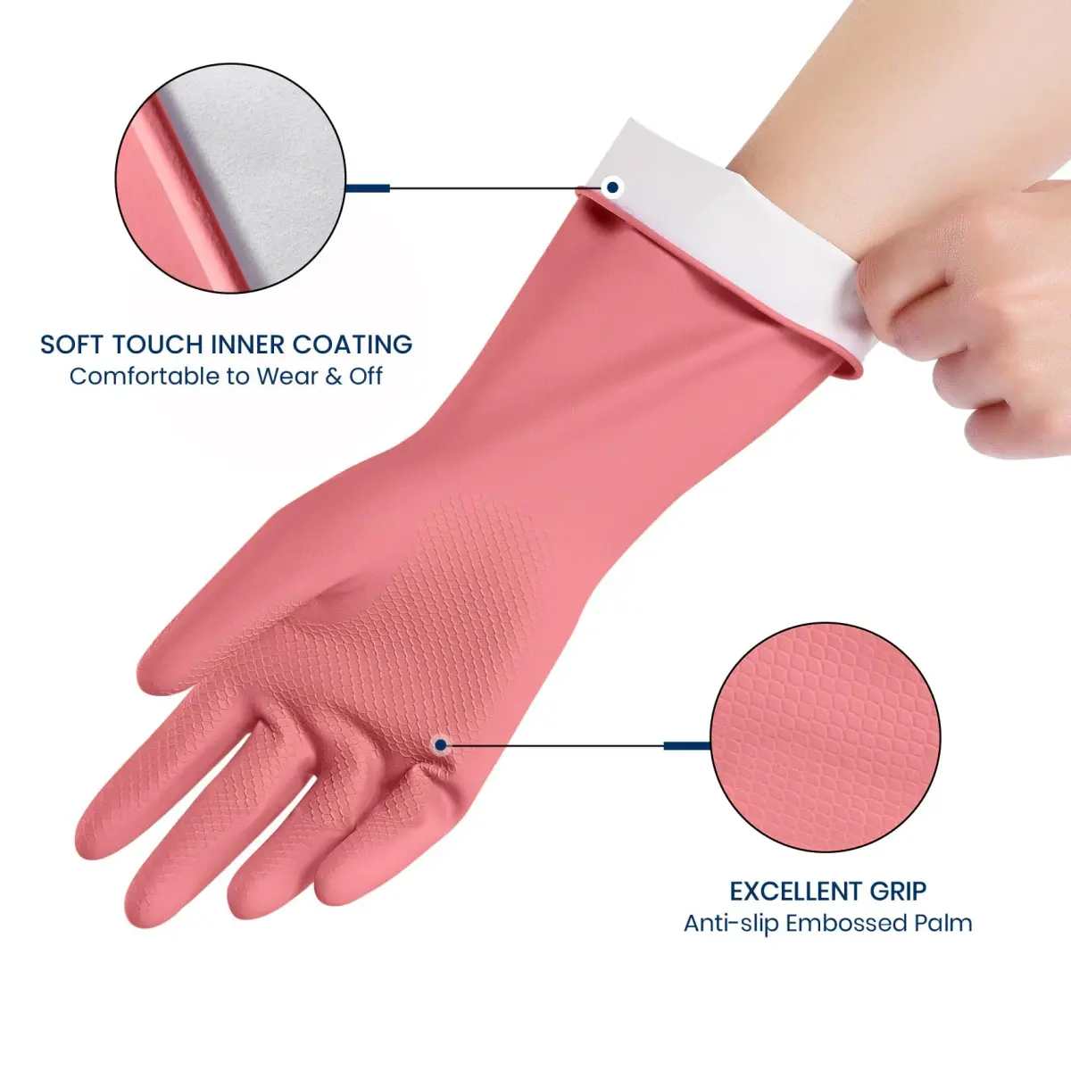 SIFANGKE Pink Rubber Cleaning Gloves for Dishwashing, 4 Pairs, Large | Waterproof & Non-Slip Grip - view 2