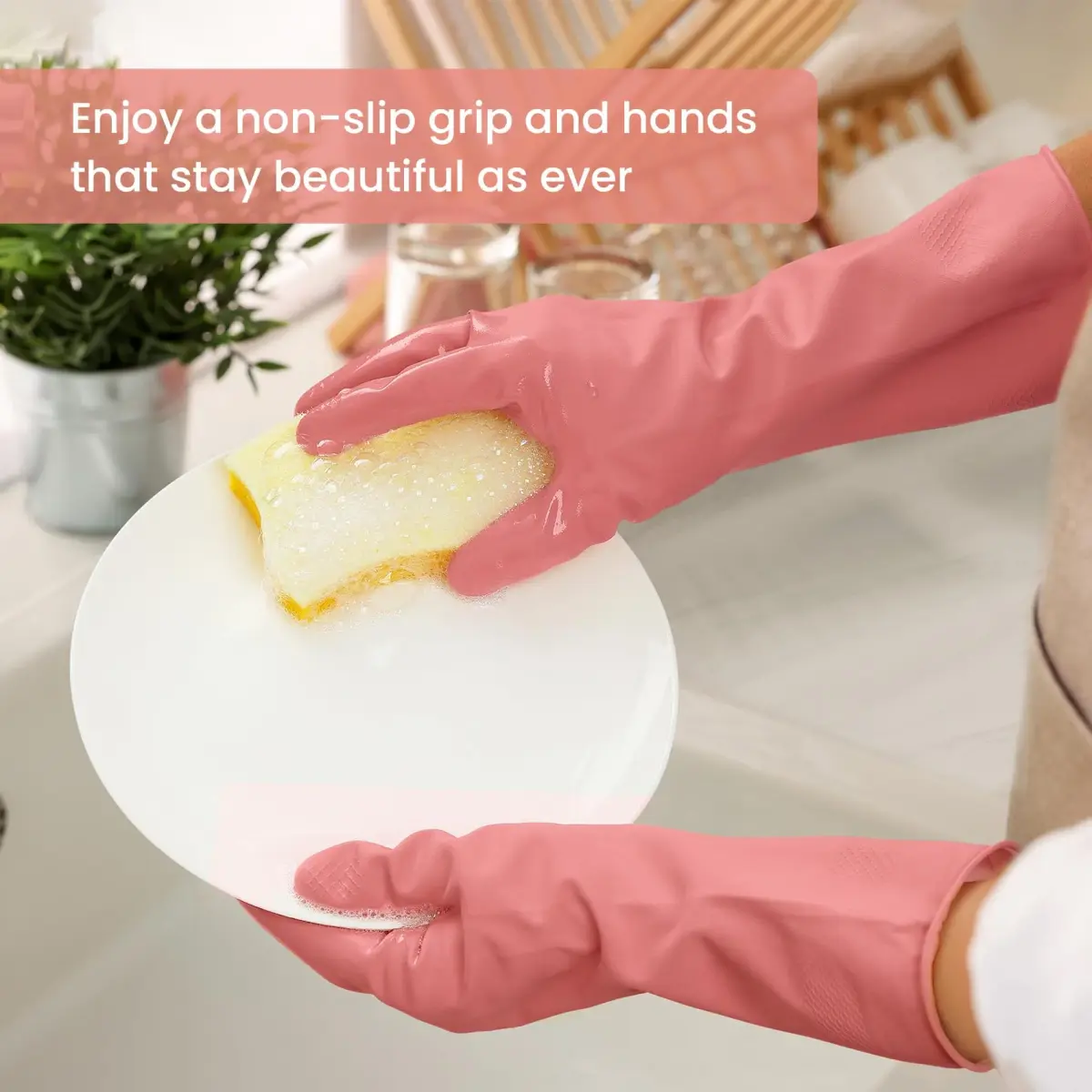 SIFANGKE Pink Rubber Cleaning Gloves for Dishwashing, 4 Pairs, Large | Waterproof & Non-Slip Grip - view 3