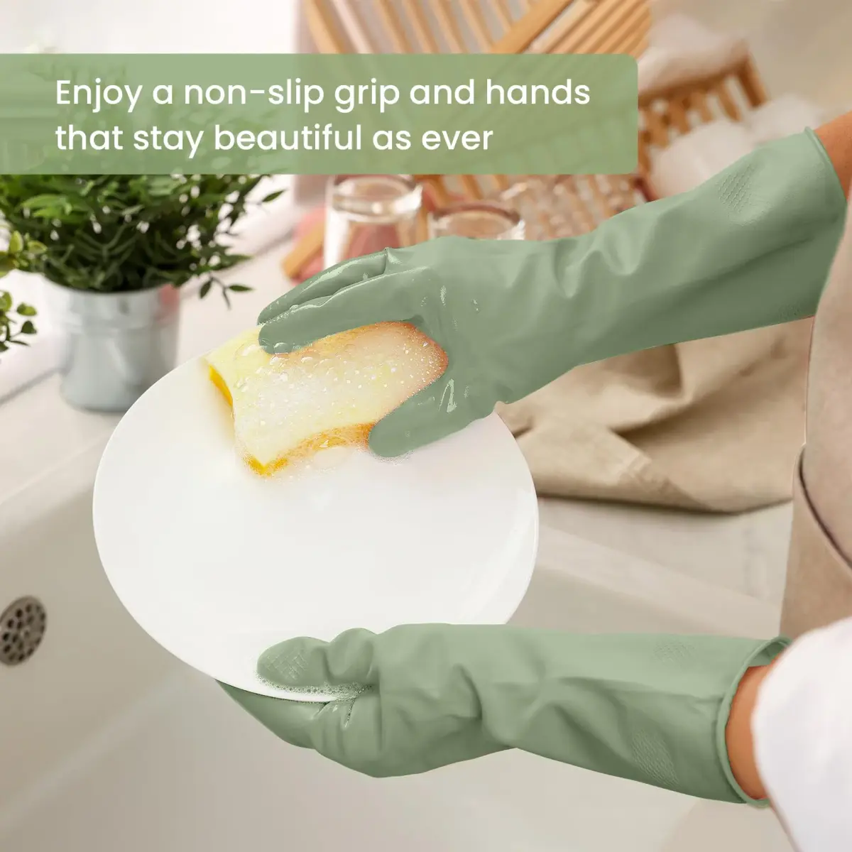 SIFANGKE Green Rubber Cleaning Gloves - 4 Pairs, Medium | Waterproof & Non-Slip Grip for Dishwashing & Household Cleaning - view 3