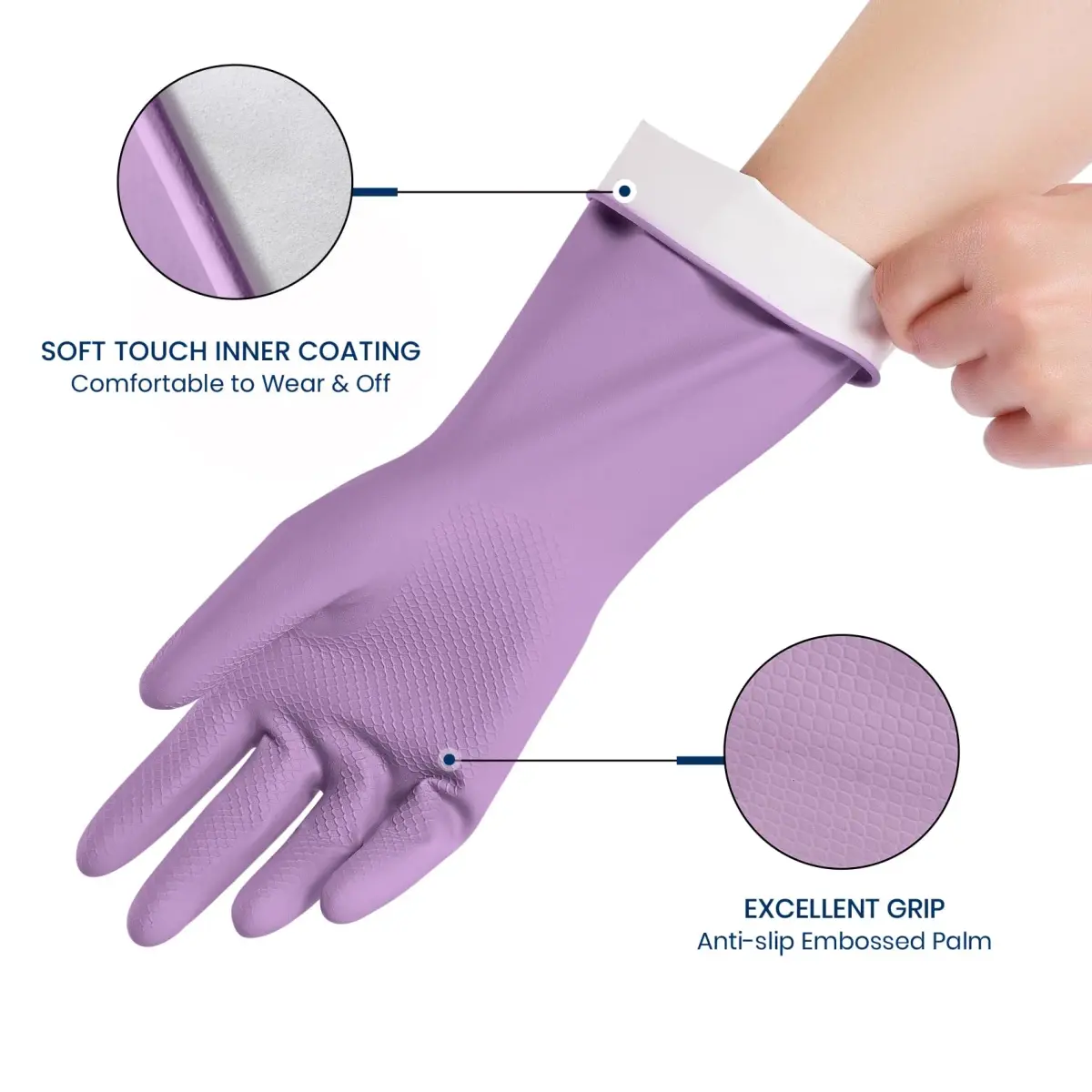 SIFANGKE Purple Rubber Cleaning Gloves with Flocked Lining - Medium (4 Pairs) | Protects Hands from Chemicals & Hot Water - view 2