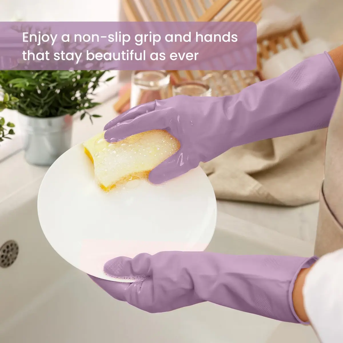 SIFANGKE Purple Rubber Cleaning Gloves with Flocked Lining - Medium (4 Pairs) | Protects Hands from Chemicals & Hot Water - view 3