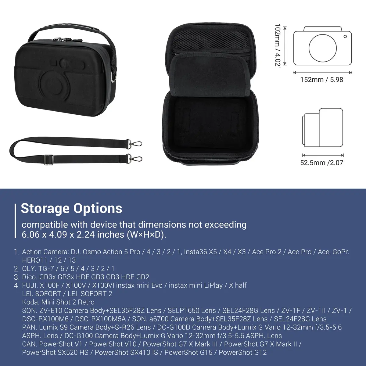 JJC Hard Shell Camera Case for DJI Action 6, GoPro Hero 13/12, Insta360 Cameras — Black, 17.7cm (7in) - view 3