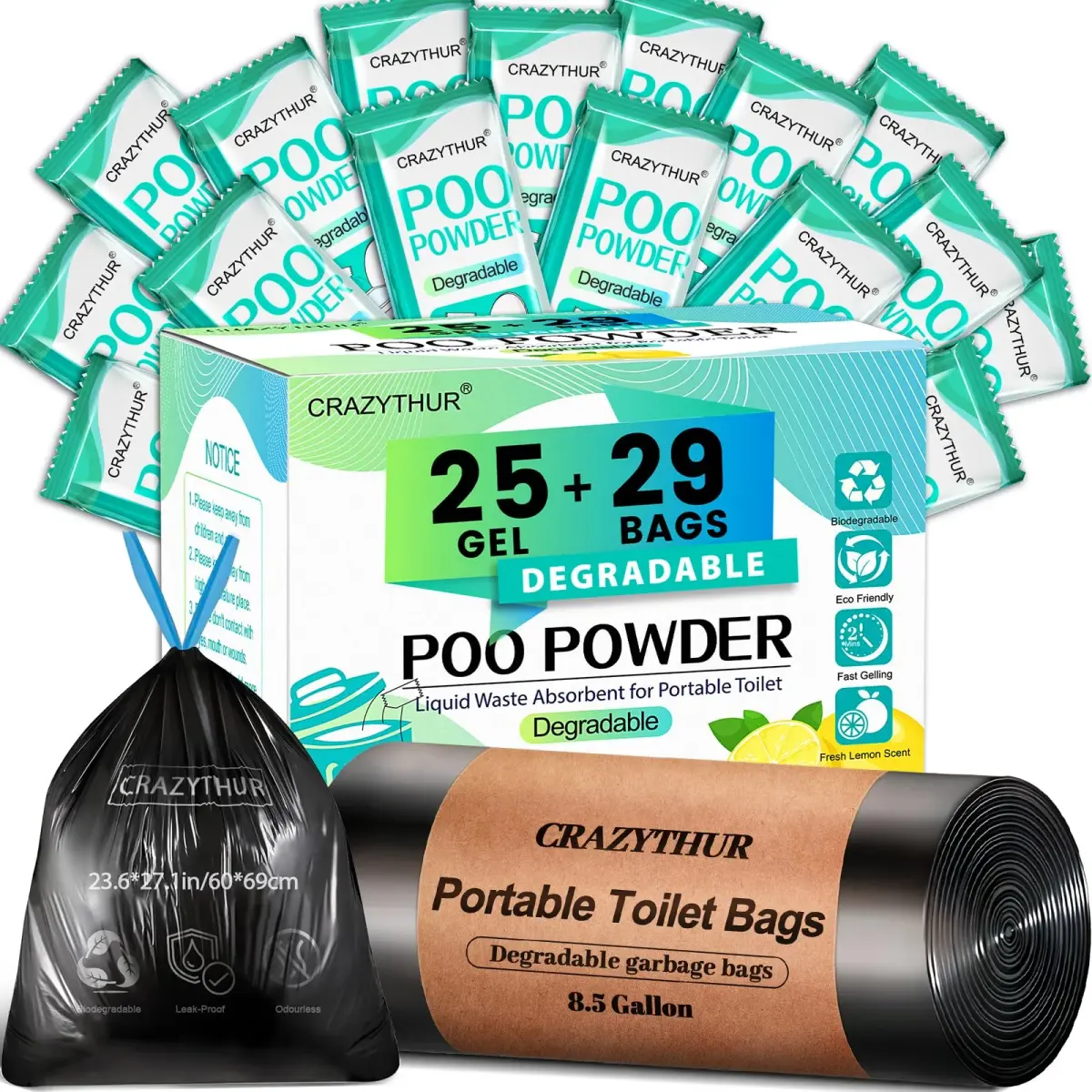 CRAZYTHUR Poo Powder with Portable Toilet Bags Set | 25 Powder + 29 Bags - main product image