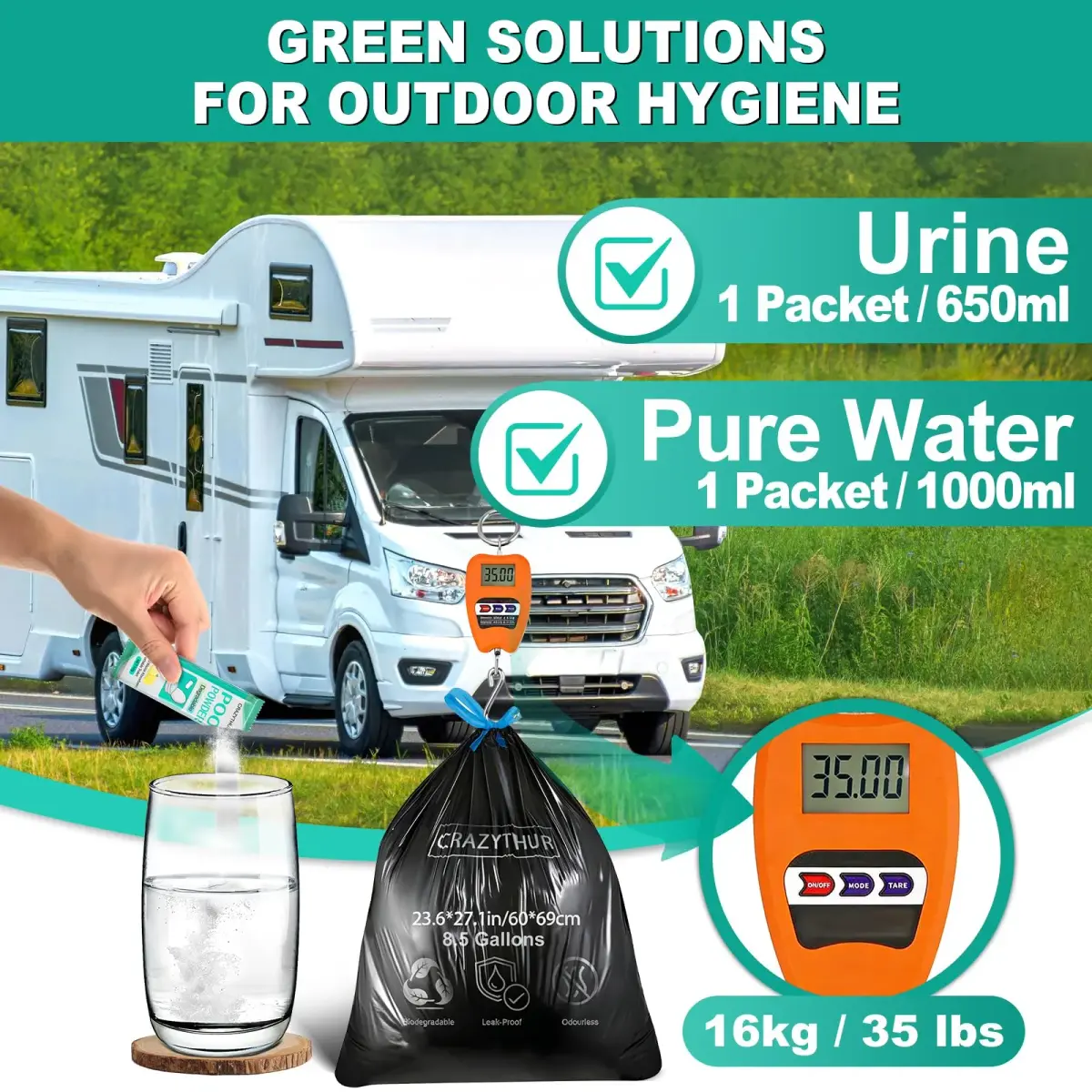 CRAZYTHUR Poo Powder with Portable Toilet Bags Set | 25 Powder + 29 Bags - view 2