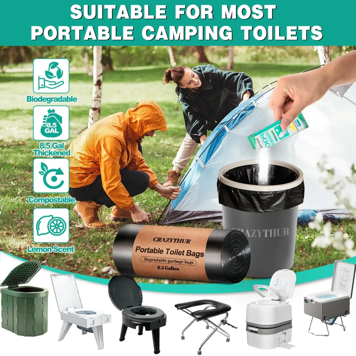 CRAZYTHUR Poo Powder with Portable Toilet Bags Set | 25 Powder + 29 Bags - view 3