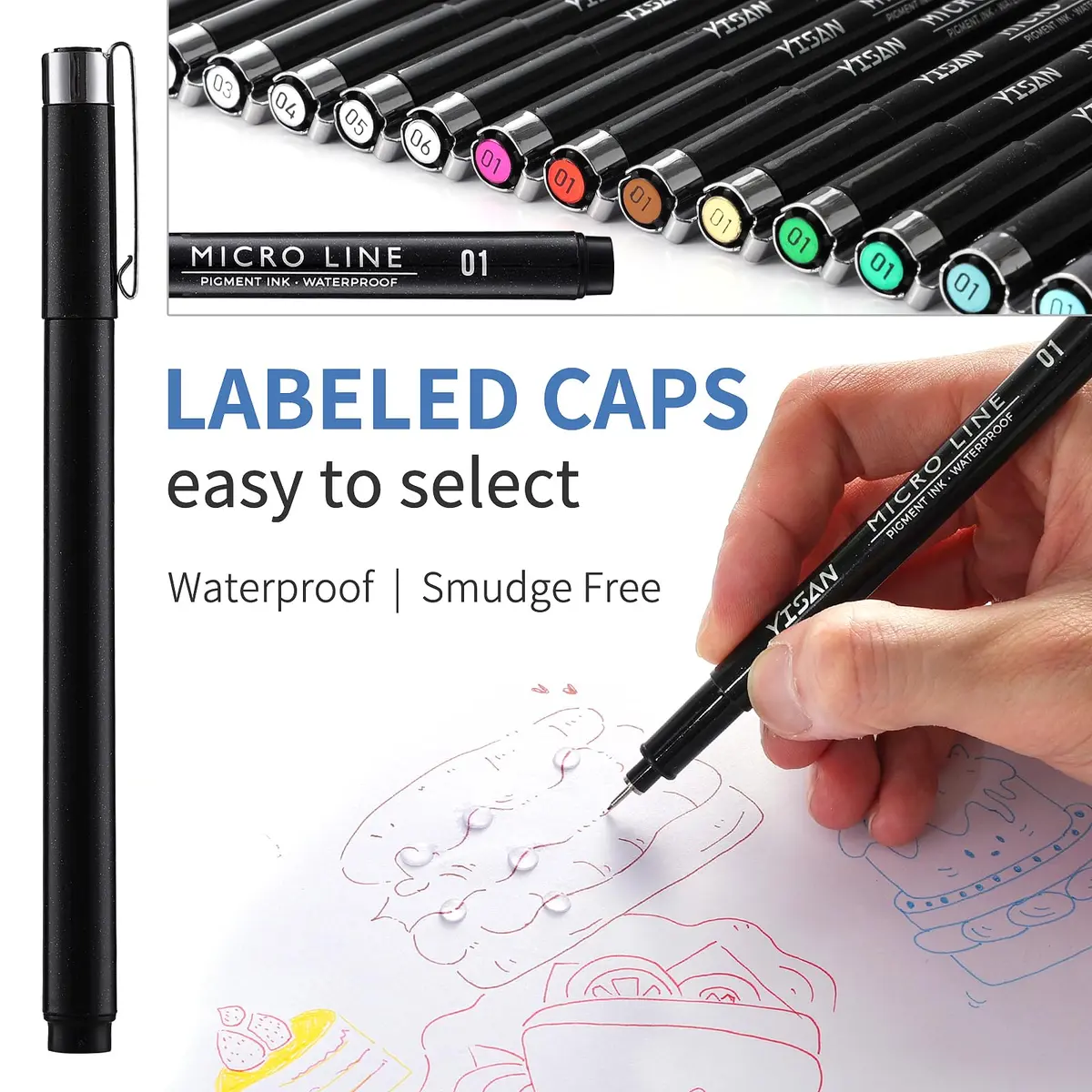 YISAN 18-Pack Colored Drawing Markers & Fineliner Pens | 11 Waterproof Archival Ink Colors & 7 Black Fine Tips - view 3