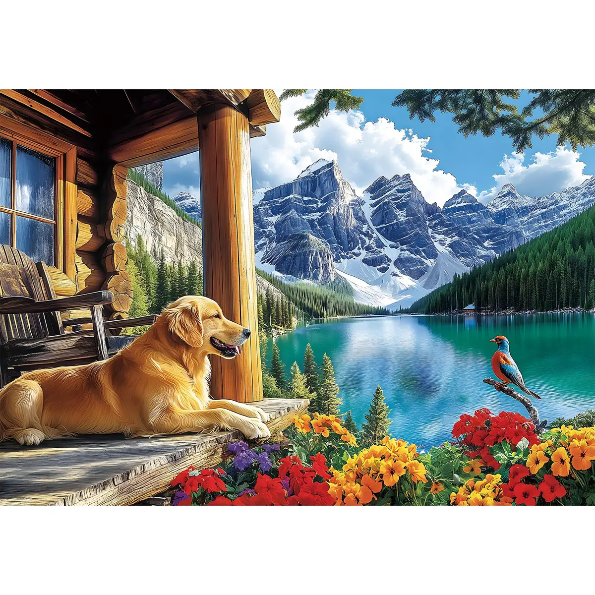 MAXZN 2000 Piece Puzzle for Adults | Serene Mountain Cabin with Golden Retriever, Wildflowers & Lakeside Landscape, 39" x 28" - main product image