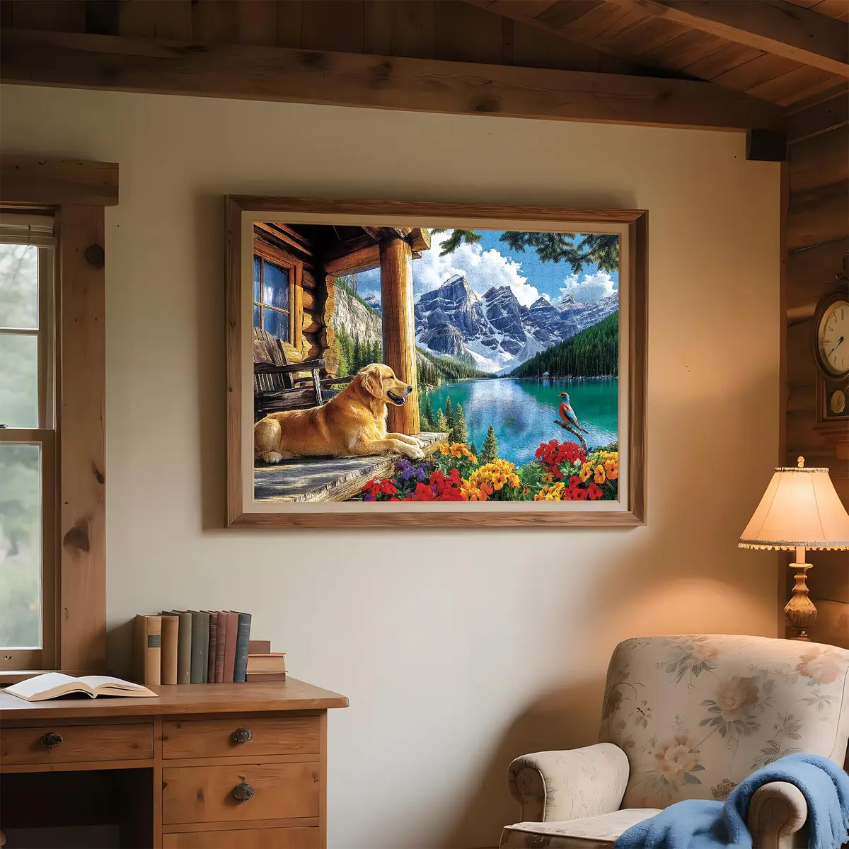 MAXZN 2000 Piece Puzzle for Adults | Serene Mountain Cabin with Golden Retriever, Wildflowers & Lakeside Landscape, 39" x 28" - view 5