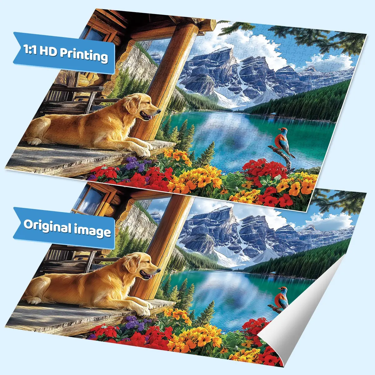 MAXZN 2000 Piece Puzzle for Adults | Serene Mountain Cabin with Golden Retriever, Wildflowers & Lakeside Landscape, 39" x 28" - view 6