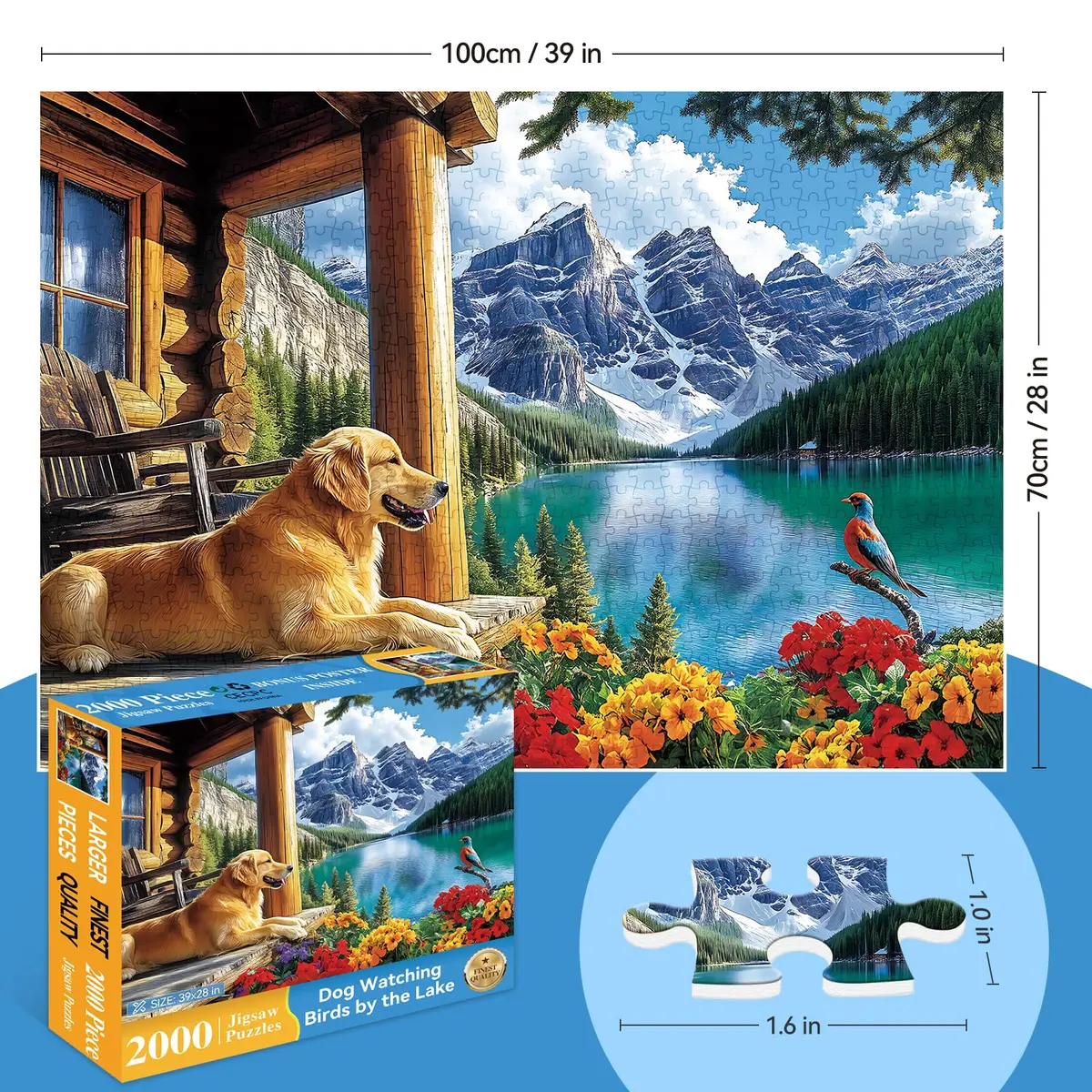 MAXZN 2000 Piece Puzzle for Adults | Serene Mountain Cabin with Golden Retriever, Wildflowers & Lakeside Landscape, 39" x 28" - view 2