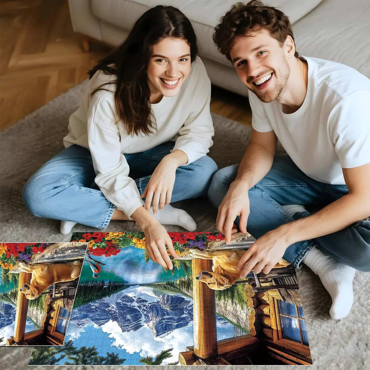 MAXZN 2000 Piece Puzzle for Adults | Serene Mountain Cabin with Golden Retriever, Wildflowers & Lakeside Landscape, 39" x 28" - view 4